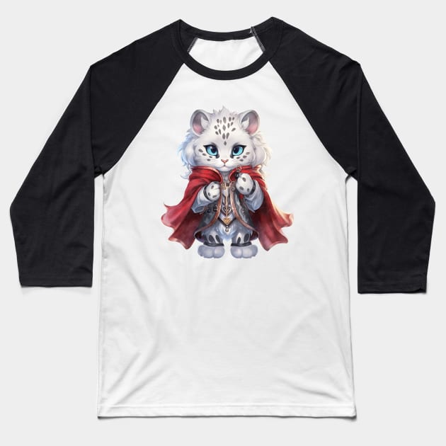 Cartoon Snow Leopard in Dracula Costume Baseball T-Shirt by Chromatic Fusion Studio